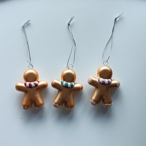 Gingerbread Men Scarves Glitter Christmas Tree Ornaments Set of 3 Metallic 2" - Picture 2 of 6